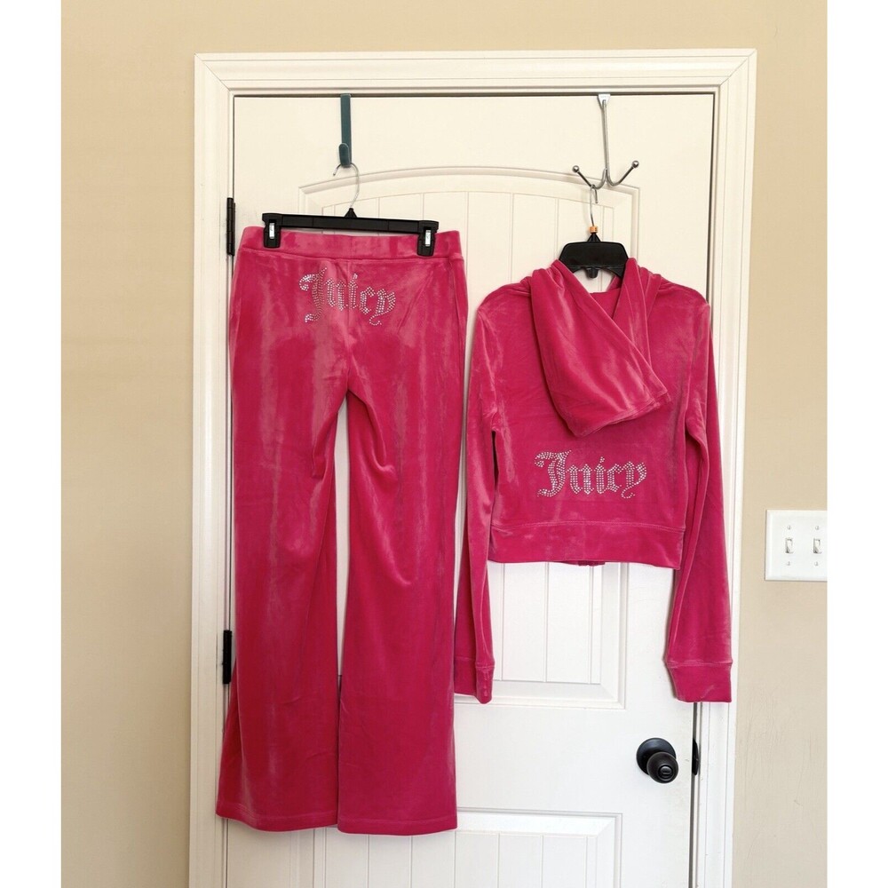 NWT Juicy Couture Velour Tracksuit Pink Party Hoodie Pants 2 pc set Size L